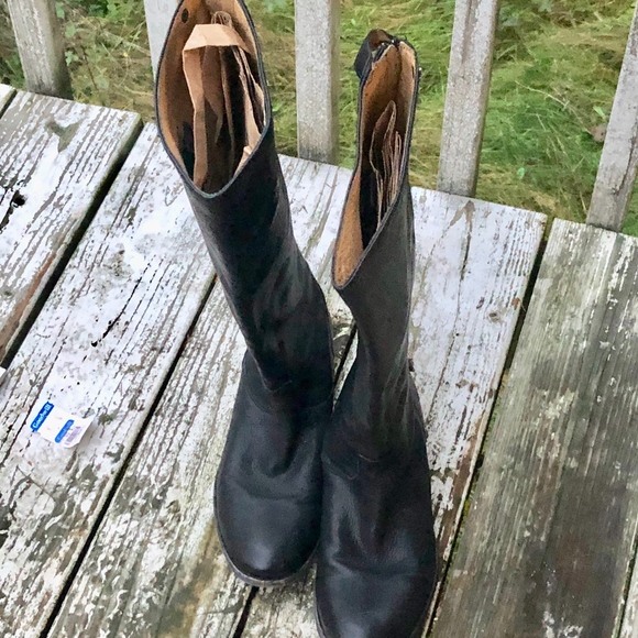 BLACK LEATHER FRYE SNAP BUTTON ZIP KNEE HIGH BOOTS - Picture 1 of 7